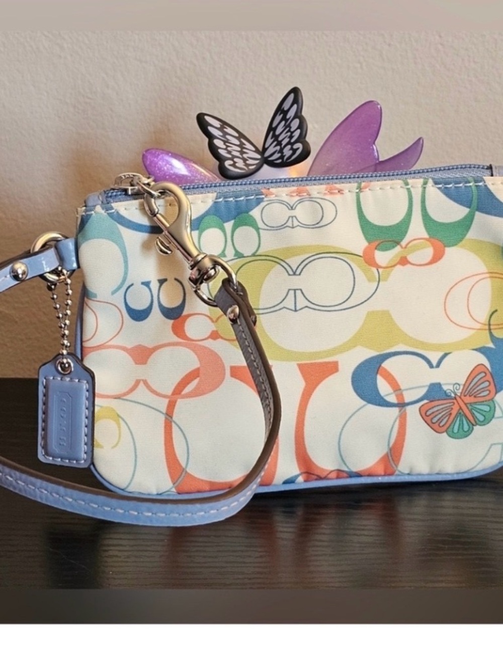 Coach Light Blue Patent Leather Logo Tag Wristlet